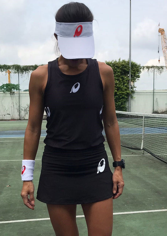Women Tennis Set. Tank Top and Skirt. Black with White Logo